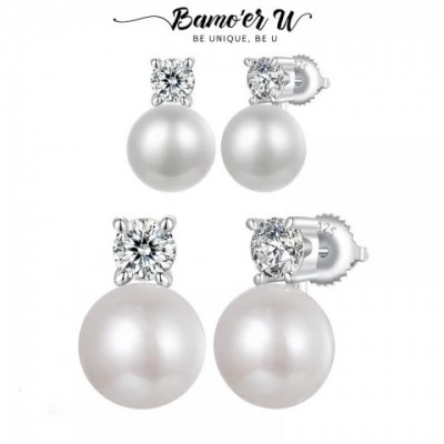 U 0.1CT Mini Pearl Stud Earrings with Natural Freshwater Diamonds in 925 Pure Silver