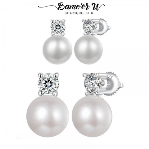 U 0.1CT Mini Pearl Stud Earrings with Natural Freshwater Diamonds in 925 Pure Silver