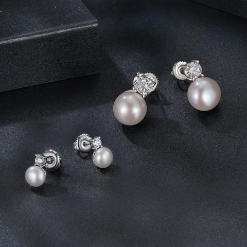 U 0.1CT Mini Pearl Stud Earrings with Natural Freshwater Diamonds in 925 Pure Silver