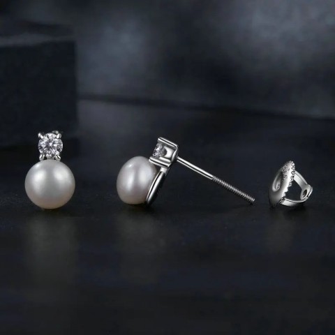 U 0.1CT Mini Pearl Stud Earrings with Natural Freshwater Diamonds in 925 Pure Silver