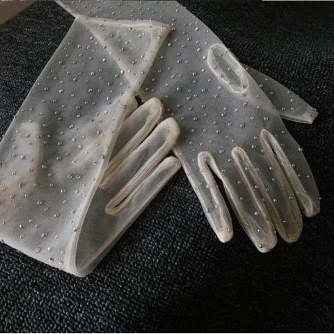 Elegant Sparkling Diamond Bead Gloves for Women - Long Mesh Design for Spring & Summer Parties