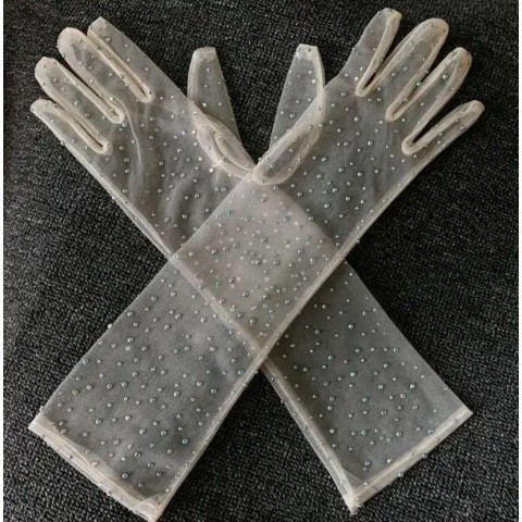 Elegant Sparkling Diamond Bead Gloves for Women - Long Mesh Design for Spring & Summer Parties