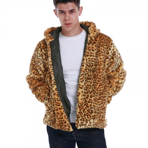 Men's Winter Leopard Print Faux Fur Hooded Jacket - Warm and Stylish