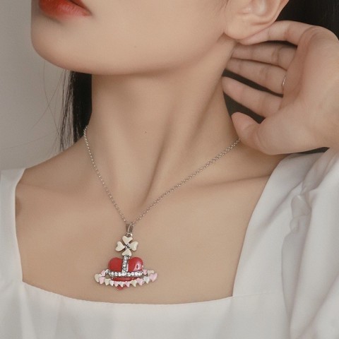 Designer Vivienme West Wood Empress Dowager Cixi Inspired Pink Enamel Necklace for Women - Fresh and Adorable Peach Heart Pendant