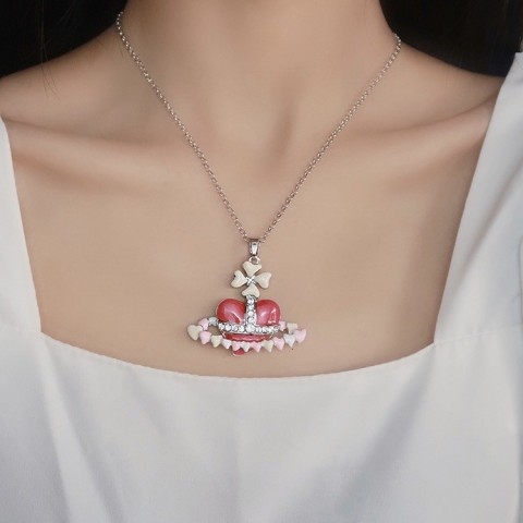 Designer Vivienme West Wood Empress Dowager Cixi Inspired Pink Enamel Necklace for Women - Fresh and Adorable Peach Heart Pendant