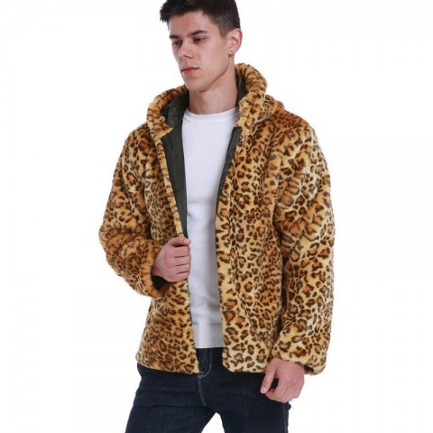 Men's Winter Leopard Print Faux Fur Hooded Jacket - Warm and Stylish