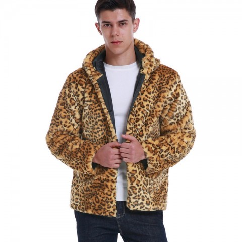 Men's Winter Leopard Print Faux Fur Hooded Jacket - Warm and Stylish
