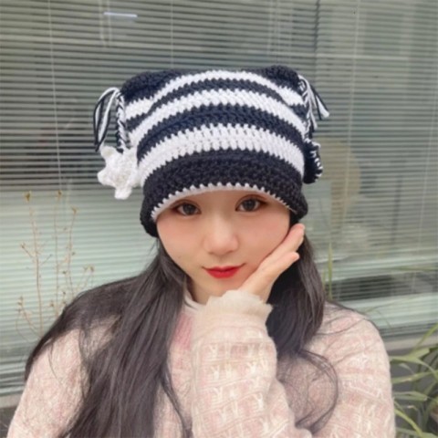 Handmade Y2K Punk Beanie for Women - Pilling Resistant Stripe Knit