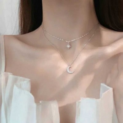 Elegant 925 Silver Double Layer Star Moon Zircon Necklace for Women