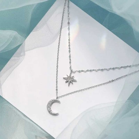 Elegant 925 Silver Double Layer Star Moon Zircon Necklace for Women