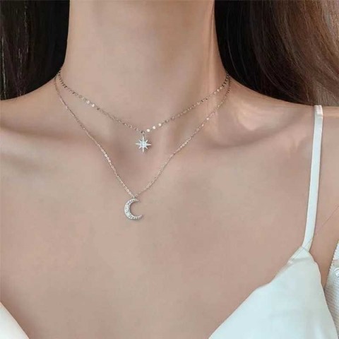 Elegant 925 Silver Double Layer Star Moon Zircon Necklace for Women