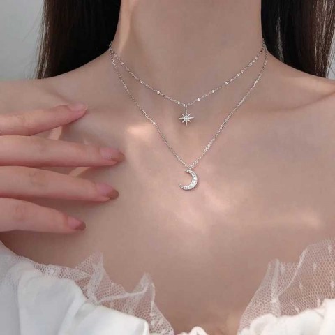 Elegant 925 Silver Double Layer Star Moon Zircon Necklace for Women
