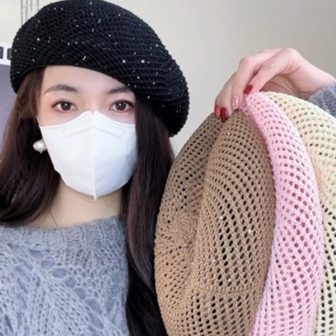 Summer Glitter Weave Beret for Women, Lightweight Sun Protection Hat