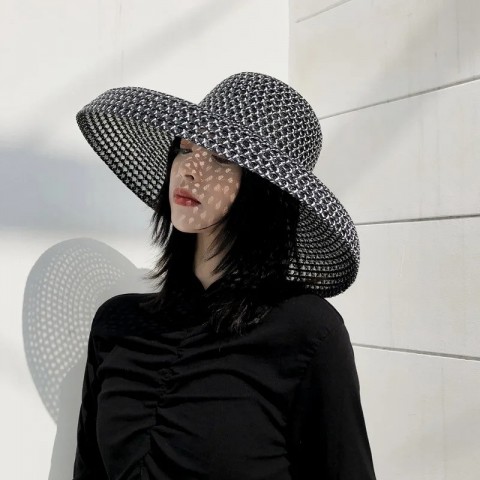 Summer Wide Brim Cowboy Hat for Men - Black and White Straw Sun Protection Hat