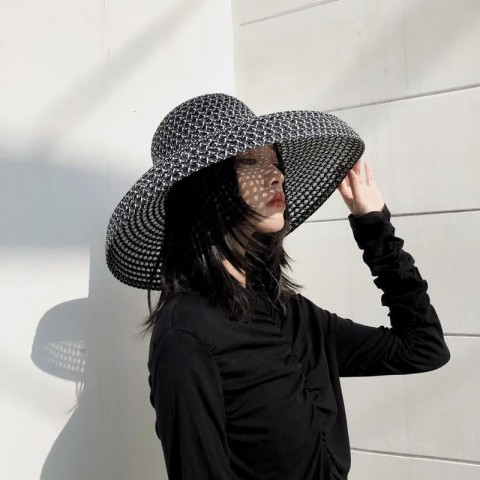 Summer Wide Brim Cowboy Hat for Men - Black and White Straw Sun Protection Hat