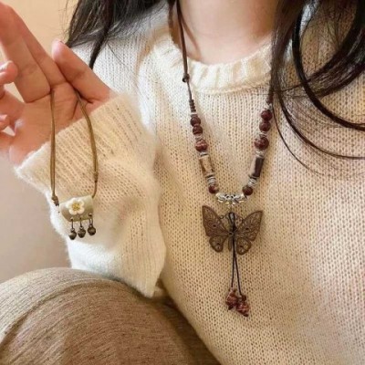 Vintage Ceramic Butterfly Pendant Necklace, Women's 2024 New Chinese Ethnic Style Long Chain Jewelry XJ250121