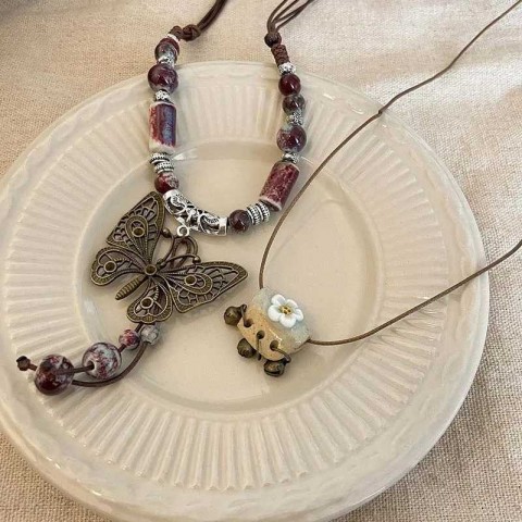 Vintage Ceramic Butterfly Pendant Necklace, Women's 2024 New Chinese Ethnic Style Long Chain Jewelry XJ250121