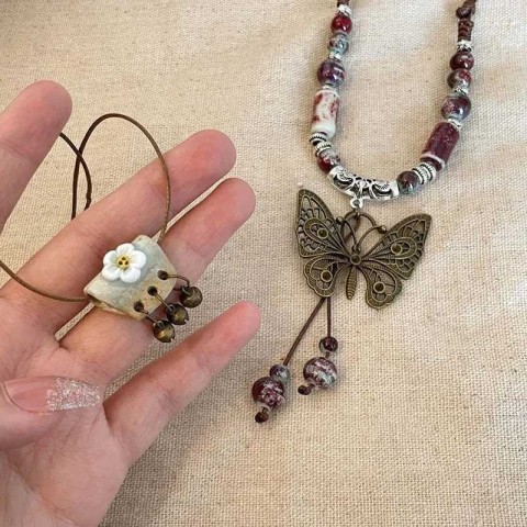Vintage Ceramic Butterfly Pendant Necklace, Women's 2024 New Chinese Ethnic Style Long Chain Jewelry XJ250121