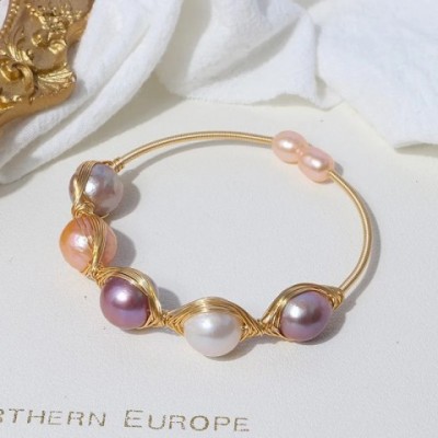 Elegant 14K Gold Plated Freshwater Pearl Bangle Bracelet for Women Adjustable