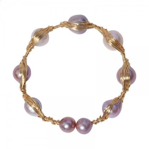 Elegant 14K Gold Plated Freshwater Pearl Bangle Bracelet for Women Adjustable