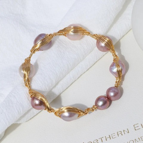 Elegant 14K Gold Plated Freshwater Pearl Bangle Bracelet for Women Adjustable