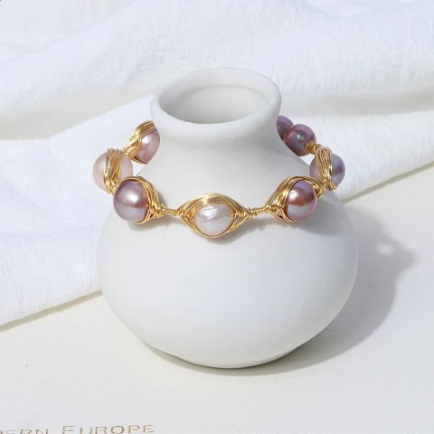 Elegant 14K Gold Plated Freshwater Pearl Bangle Bracelet for Women Adjustable