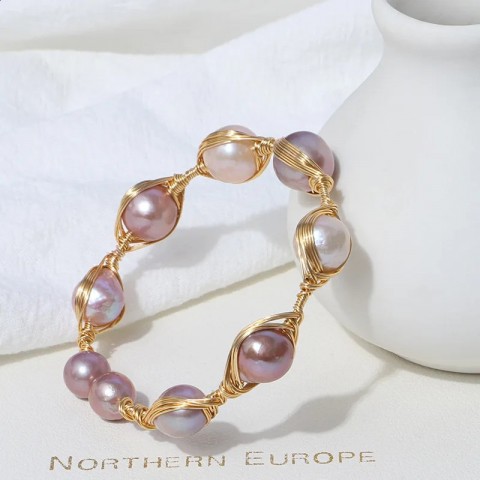 Elegant 14K Gold Plated Freshwater Pearl Bangle Bracelet for Women Adjustable