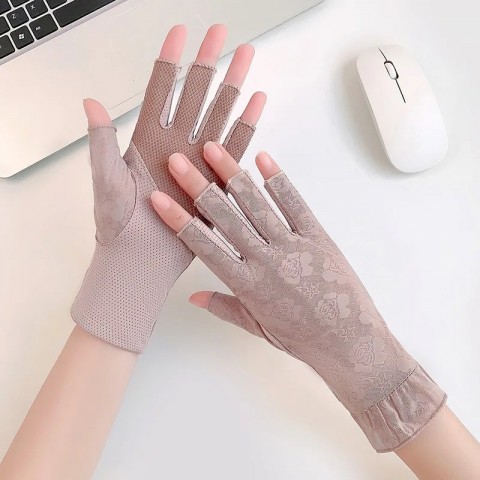 Women's Ultra Thin Bamboo Lace Fingerless Gloves with UV Protection and Anti-Slip Design
