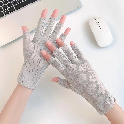 Women's Ultra Thin Bamboo Lace Fingerless Gloves with UV Protection and Anti-Slip Design