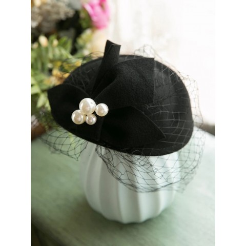 Winter Wool Bow Hat with Silk Veil for Ladies - Elegant French Bridal Fascinator