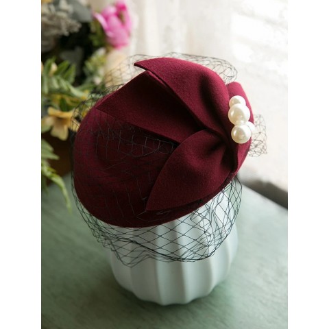 Winter Wool Bow Hat with Silk Veil for Ladies - Elegant French Bridal Fascinator