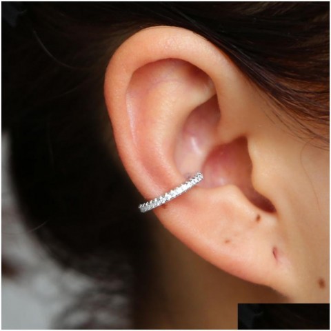 Huggie No Piercing Ear Cuff, 925 Sterling Silver, White CZ, Women's Preppy Hoop Earring