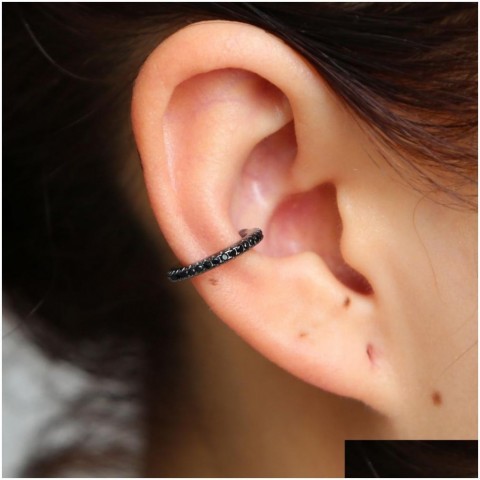 Huggie No Piercing Ear Cuff, 925 Sterling Silver, White CZ, Women's Preppy Hoop Earring