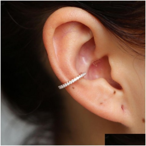 Huggie No Piercing Ear Cuff, 925 Sterling Silver, White CZ, Women's Preppy Hoop Earring