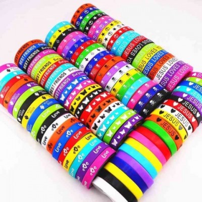 Silicone Wrist Cuff Bracelets Pack of 100 - Multicolor Elastic Styles for Men and Women - Jesus Cross, Skull, Peace, Butterfly