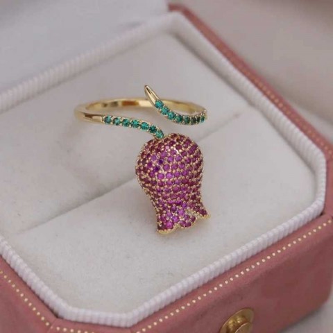 South Korea Fashion 14K Gold Plated Rose Zircon Band Ring for Women