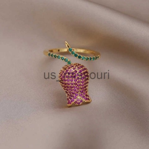 South Korea Fashion 14K Gold Plated Rose Zircon Band Ring for Women