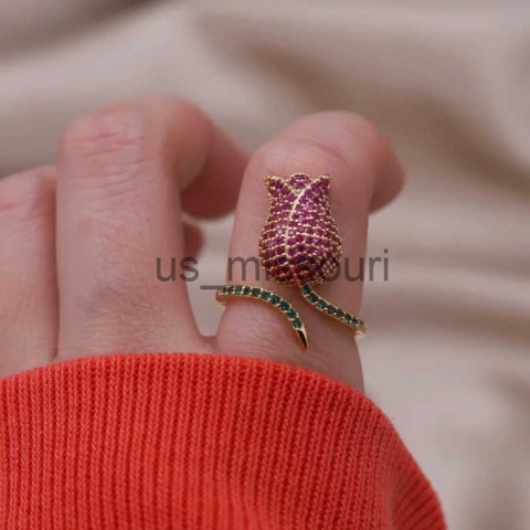 South Korea Fashion 14K Gold Plated Rose Zircon Band Ring for Women