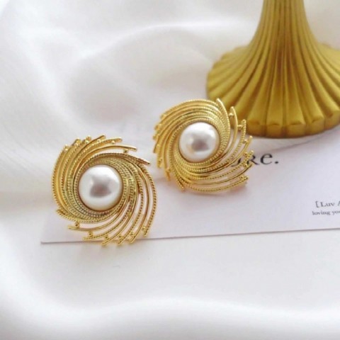 Stud Spiral Wind Imitation Pearl Golden Earrings - Minimalist Jewelry for Women by Sweet Earrings