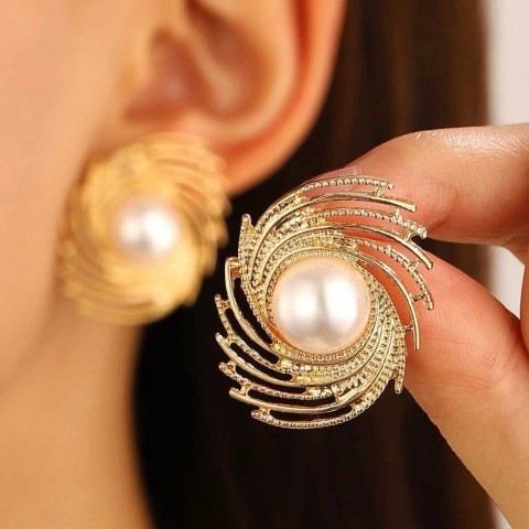Stud Spiral Wind Imitation Pearl Golden Earrings - Minimalist Jewelry for Women by Sweet Earrings