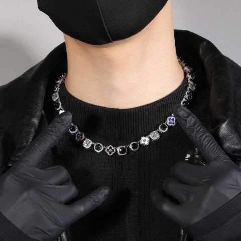 Trendy Hip Hop Beaded Necklace for Women, Red Diamond Accents, 40cm Silver Plated