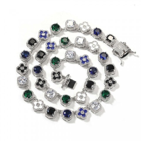 Trendy Hip Hop Beaded Necklace for Women, Red Diamond Accents, 40cm Silver Plated