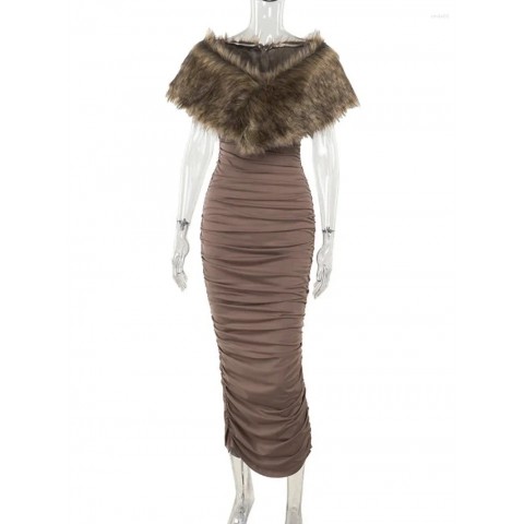 Elegant Faux Fur Casual Long Brown Dress for Women