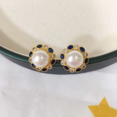Elegant 14K Gold Plated Blue Zircon Pearl Stud Earrings for Women