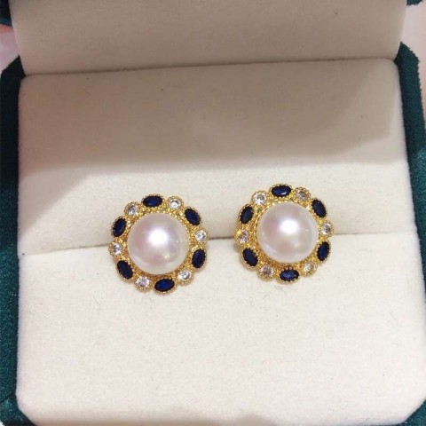 Elegant 14K Gold Plated Blue Zircon Pearl Stud Earrings for Women