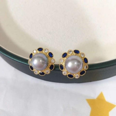 Elegant 14K Gold Plated Blue Zircon Pearl Stud Earrings for Women