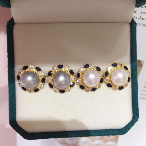 Elegant 14K Gold Plated Blue Zircon Pearl Stud Earrings for Women