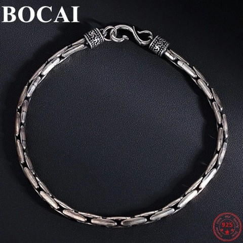 BOCAI Trend S925 Men's Pure Silver Bangle Bracelet with S-Buckle