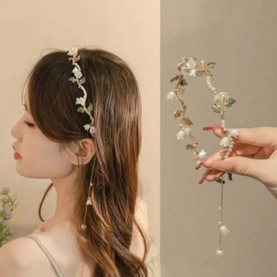Korean Alloy Pearl Headband with Flower Beads for Women Y240909