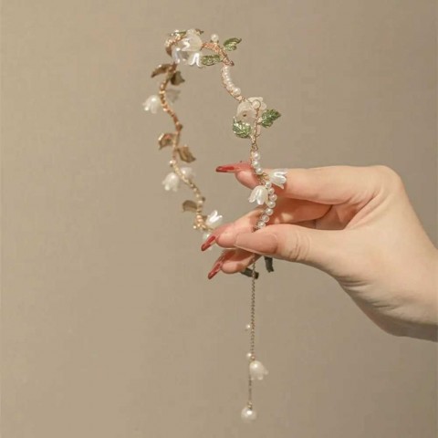 Korean Alloy Pearl Headband with Flower Beads for Women Y240909